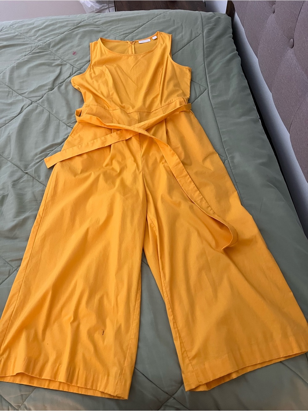 New York & Company Sleeveless Yellow Wide-Leg Jumpsuit with Waist Tie